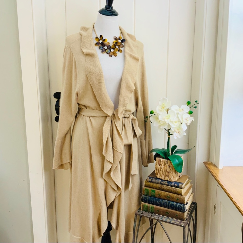 GARNET HILL Camel Tan Ruffled Long Length Cardigan